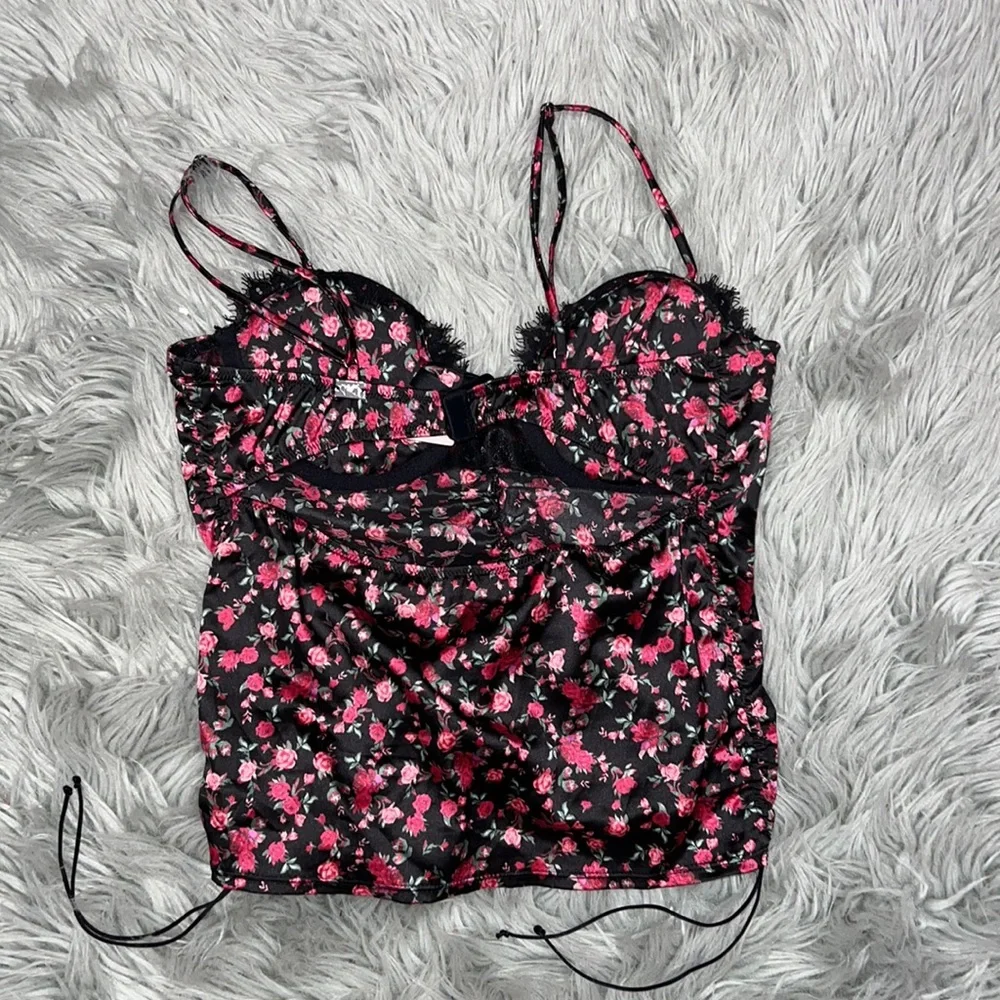 For Love & Lemons Melrose Floral Lace Trim Cut-Out Back Black & Red Bustier Top